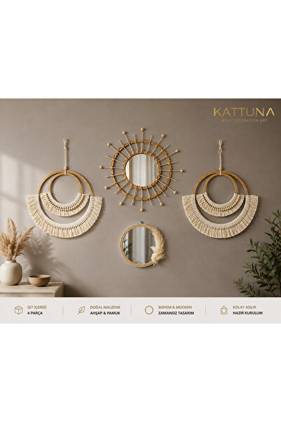 kattuna Makrome Bambu Ve Ahşap Ayna Duvar Dekorasyon Ürünü 4’lü Set