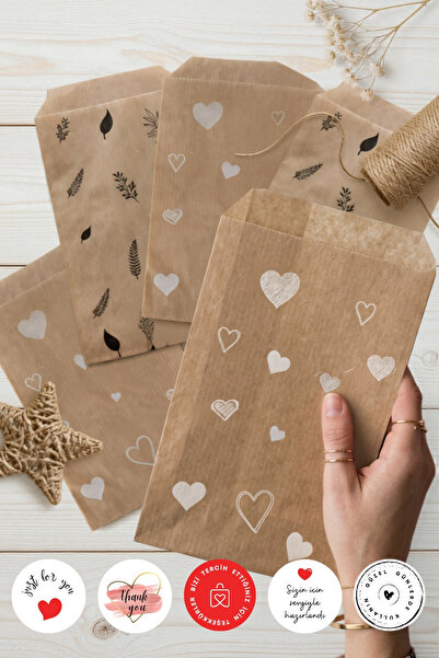 Bimotif 20li Karışık (Kalp ve Yaprak) Kese Kağıdı Hediye Paketi (11x20 cm ) v...