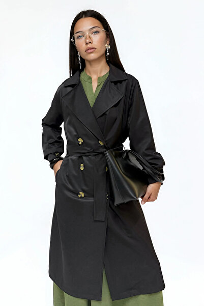 Merterium Women's Double Breasted Collar Trench Coat Black 1053