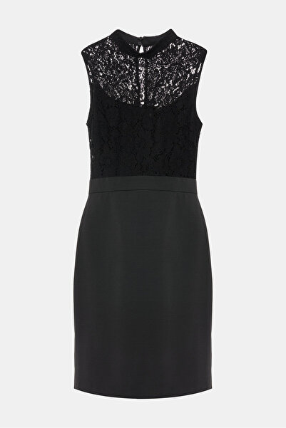 W Collection SİYAH MİNİ DAR KALIP DANTELLİ DİK YAKA ELBİSE