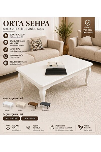 Home Başaran Concept Üst Kalite 60x100 1. Sınıf Lake Boyalı Beyaz Orta Sehpa