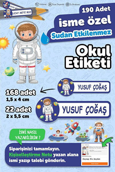 MSticker Okul Etiketi Kalem Defter Etiketi Uzay Özel Isim Yazılabilen Etiket ...