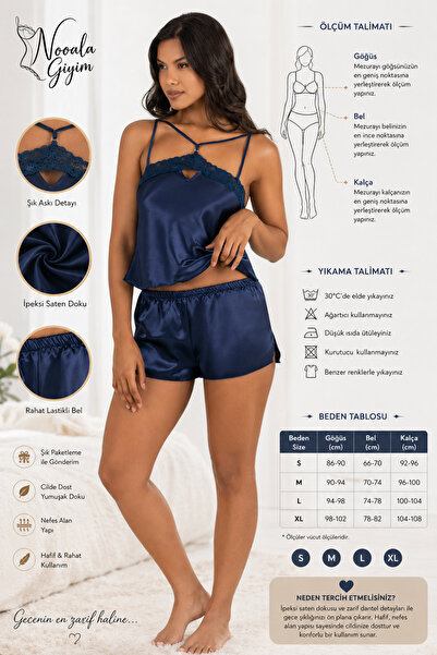 NOOALA GİYİM Special Strap and Lace Detailed Satin Shorts Pajama Set