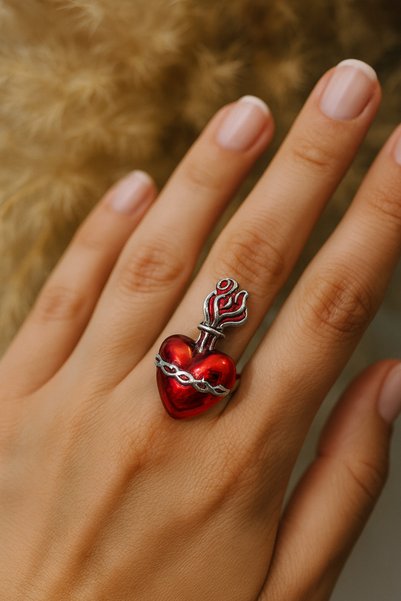 Herşey Nota Gothic Heart Chain Figured Red Ring – the Symbol of Passion, Bond...