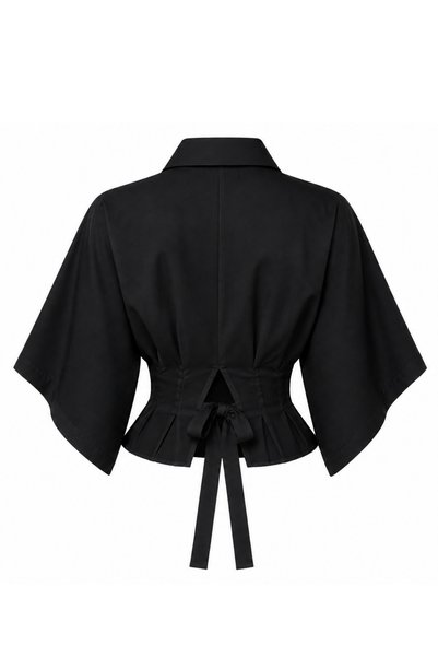 Merci Women's Black Bat Sleeve Gathered Detailed Waist-Fitted Satin Crop Shirt