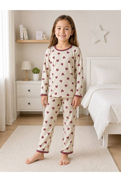 Fil Kids Heart Print 100% Cotton Pajamas for Girls - Cream/Cherry, Long Sleev...