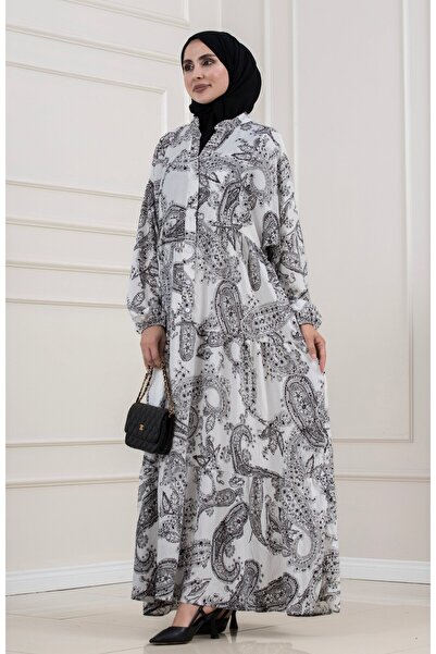 Sevitli Müjde Half Button Robe Dress-White