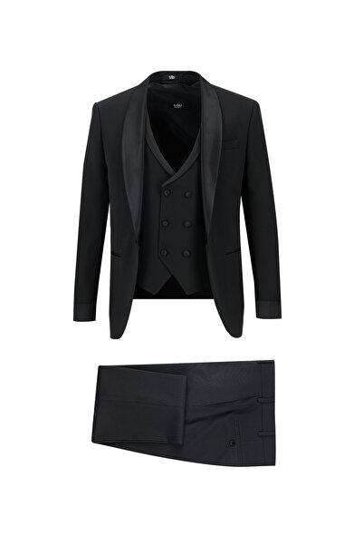 Kiğılı 7 Drop Slim Fit Dar Kesim Şal Yaka Yünlü Yelekli Smokin & Damatlık