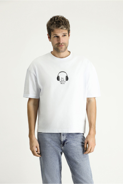 Kiğılı Oversize Printed Single Jersey Cotton T-Shirt - Crew Neck