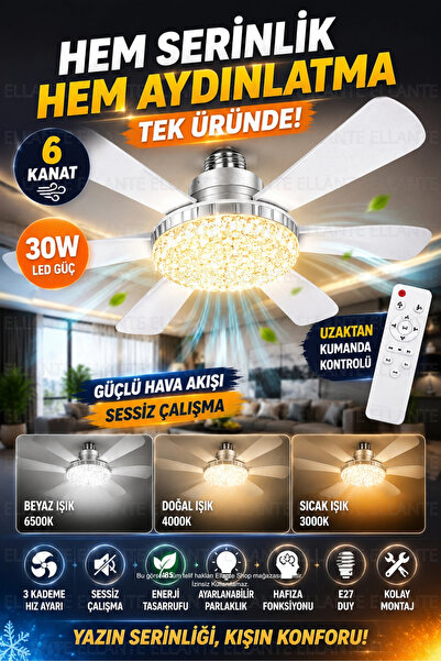 ellante Kristal LED Tavan Vantilatörü 30W | 6 Kanatlı | Kumandalı | 3 Işık Re...