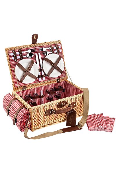Picnic&co Piknik Sepeti 4 Kişilik El Yapımı Hasır Piknik Seti Kırmızı Pötikar...