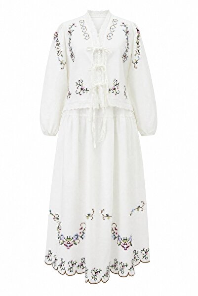 Lavanta Tekstil Floral Embroidered Linen Skirt Double Set