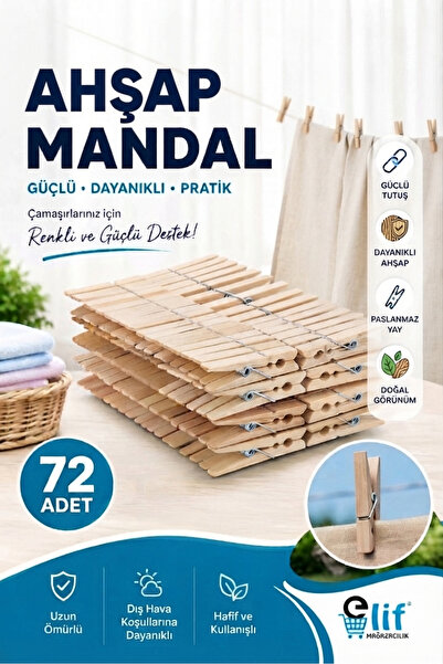 Elif mağazacılık Ahşap Çamaşır Mandalı 72 Adet