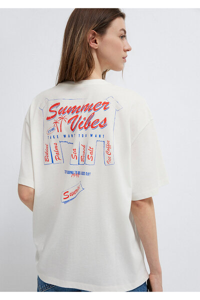 Mavi Slogan-bedrucktes Ecru-T-Shirt mit Boxy-Passform 1613905-70057