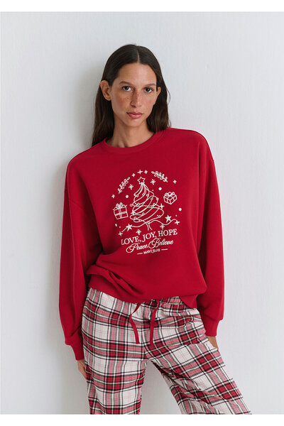 Mavi Yılbaşı Temalı Kırmızı Sweatshirt 1S10507-70390