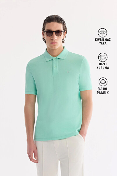 Avva Erkek Açık Yeşil Kıvrılmaz Polo Yaka %100 Pamuk Basic Regular Fit T-Shir...