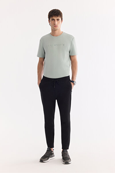 Avva Men's Black Elastic Waist Lace-Up Easy-Iron Interlock Regular Fit Sweatp...