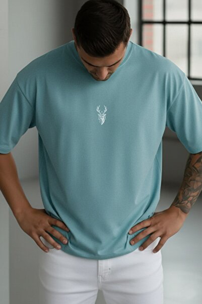 Millionaire Men's Turquoise Deer Printed Oversize Fit Loose Wide Fit Loose Cu...