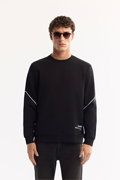 Avva Erkek Siyah Bisiklet Yaka Pamuklu Bi-Stretch Baskılı Regular Fit Sweatsh...