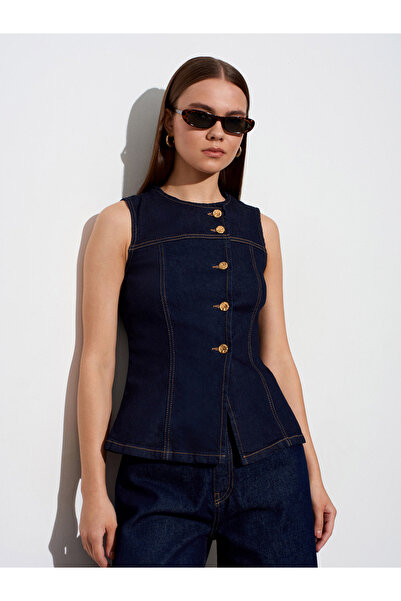 Dilvin 50758 Τζιν Γιλέκο με Λεπτομέρειες Ραφών - Σκούρο Μπλε