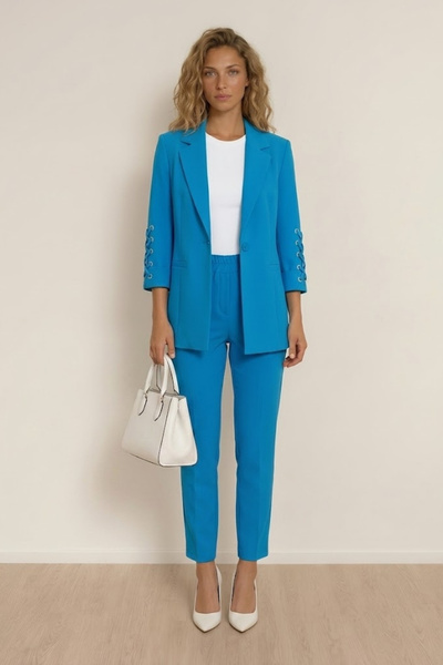 WHİTE DİAMOND Women's Saks Blue 3/4 Sleeve Eyelet Detailed Blazer Jacket and ...