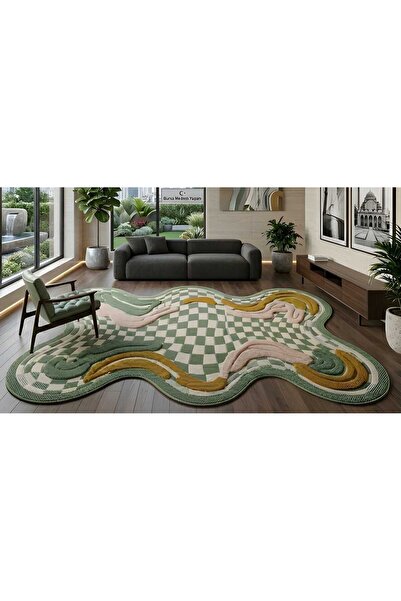 Rugs Modern Halı SDT Dalgalı Form Kareli Desenli Yeşil Bej Modern Dekoratif D...