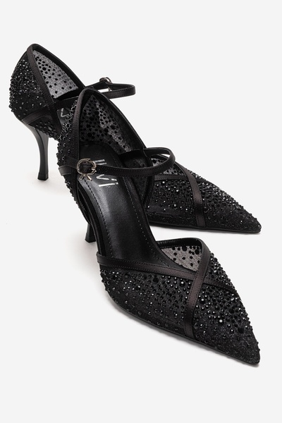 LuviShoes RACHEL Siyah Saten Taş Detaylı Fileli Kadın İnce Topuklu Abiye Ayak...