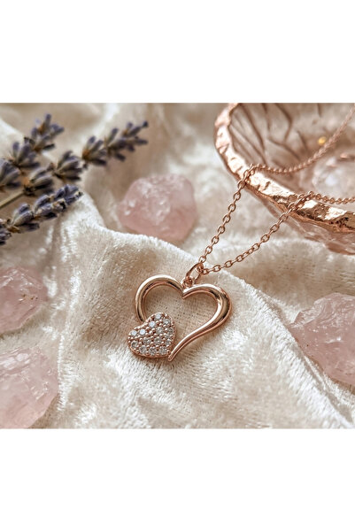 stainless steell Rose Color Heart Design Zircon Stone Non Tarnish Steel Necklace
