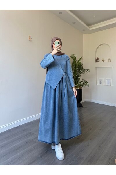 Esre Store 4575 - Τζιν φόρεμα με δέσιμο μπροστά μπλε