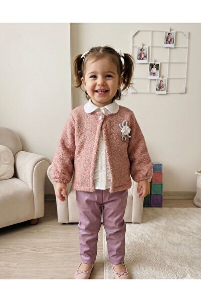 cacobutik Baby Girl Leather Pants Teddy Cardigan Chiffon Shirt 3-Piece Set Po...