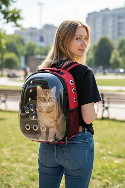 Astronot Kedi Taşıma Çantası Şeffaf Kırmızı 34x26x40 cm - 9 Hava Kanallı Sarsılmaz Taban - Hediye Kedi Tasmalı