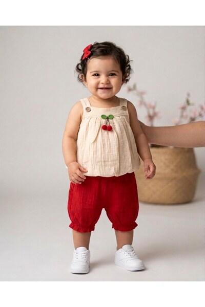 VOY KİDS Baby Girl Cherry Detailed Summer Muslin Set, Muslin Strap Blouse and...