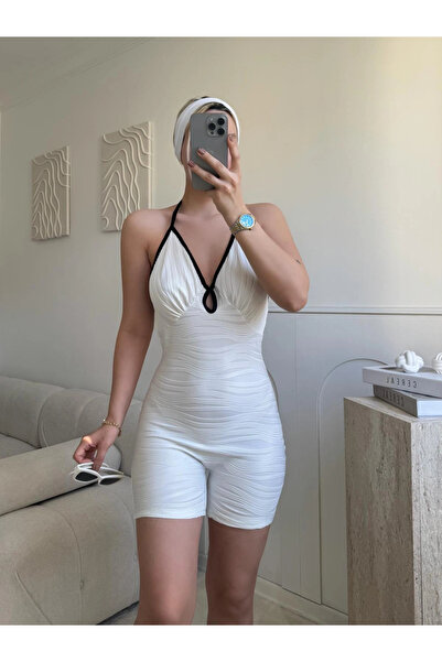 Zora Butik Askılı Damla Detay Şortlu Tulum - BEYAZ