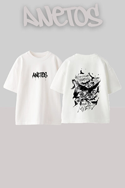 Anetos Tricou oversize alb din bumbac cu imprimeu pe spate Sharingan Eyes Design