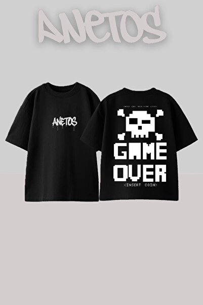 Anetos Μπλουζάκι Game Over Design με στάμπα στην πλάτη, βαμβακερό μαύρο oversize