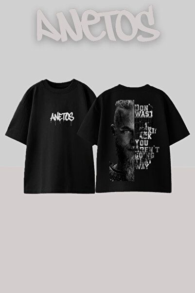 Anetos Tricou oversize negru din bumbac cu imprimeu pe spate Ragnar Lothbrok ...
