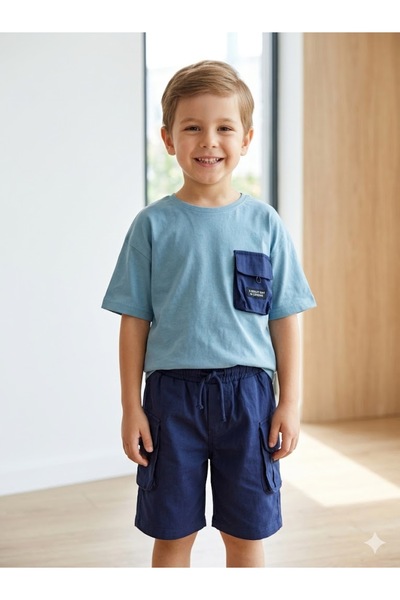 Motebarn Wear Erkek Çocuk Kargo Cepli Gabardin Şort ve Garnili T-shirt Takım