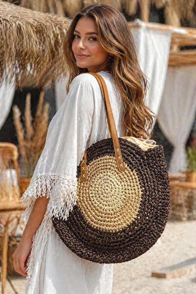 FELLMENS Μαύρο Δερμάτινο Λουράκι Στρογγυλή Πλεκτή Χειροποίητη Ψάθινη Γυναικεί...