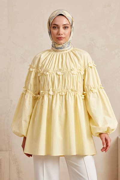 FERHEL Γυναικείο τουνίκ με ελαστικά μανίκια - Κίτρινο