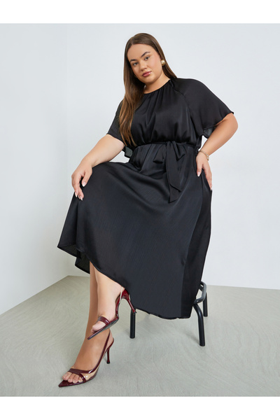 Styli Plus Size Satin Midi Dress with Tie-Belt