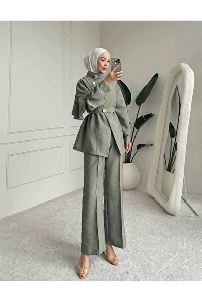 Trend Paris Asymmetrical Button Detailed Double-Breasted Linen Suit Light Green