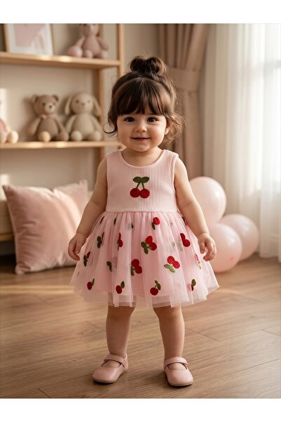 eradkids Organik Pamuk Kiraz Nakışlı Tül Detaylı Premium Kız Bebek Zıbın Elbise