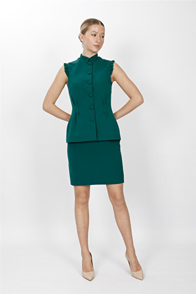 ÖNDER ÖZSOY Haki̇m Collar Pleated Vest Suit 1537502-Emerald - 1537502