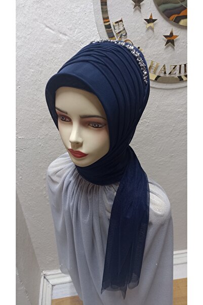 Ergül Duvak Simsiz Dark Navy Blue Ready-Made Turban with Accessories, Ready-M...