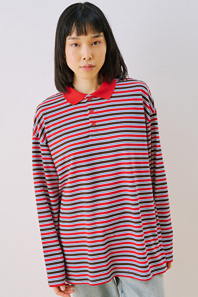 Manuka Striped Polo Collar Sweatshirt Red