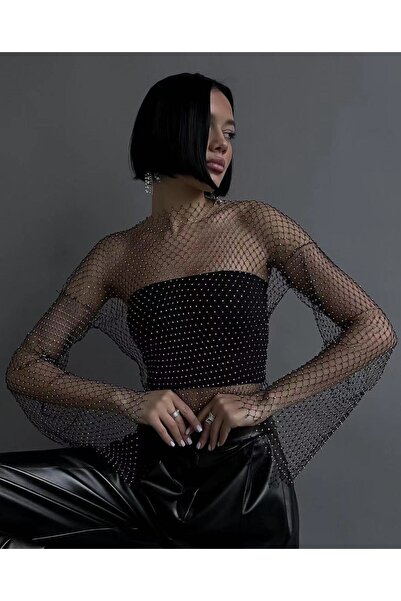 Noche Crystal Stone Mesh Long Crop Blouse 52cm