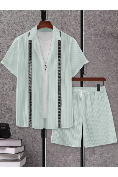 Take Two By Styli Men Green Jacquard Detail Short Sleeve Button Front Shirt a...