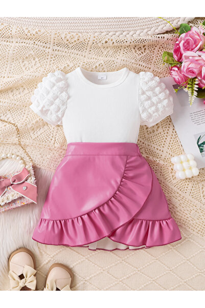Take Two By Styli Girls White Puff Sleeve Top and Ruffle Mini Skirt Set