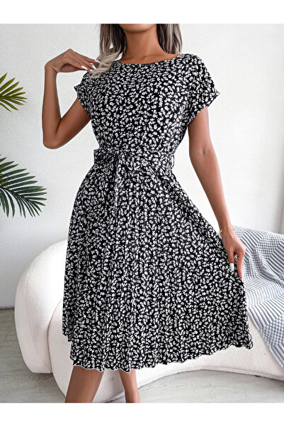 Take Two By Styli Black Floral Print Pleated Knee Length Dress