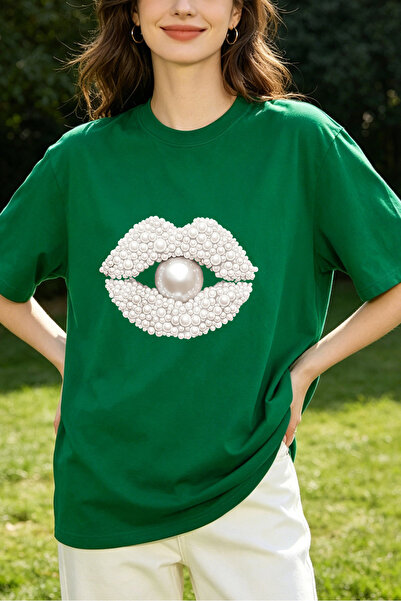 Fleck Womens T Shirts Pearl Lips Graphic Oversized Casual Style